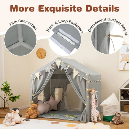 3-4 Kids Large Play Tent House with 2 Opening Doors Star Lights and Plaid Pennants