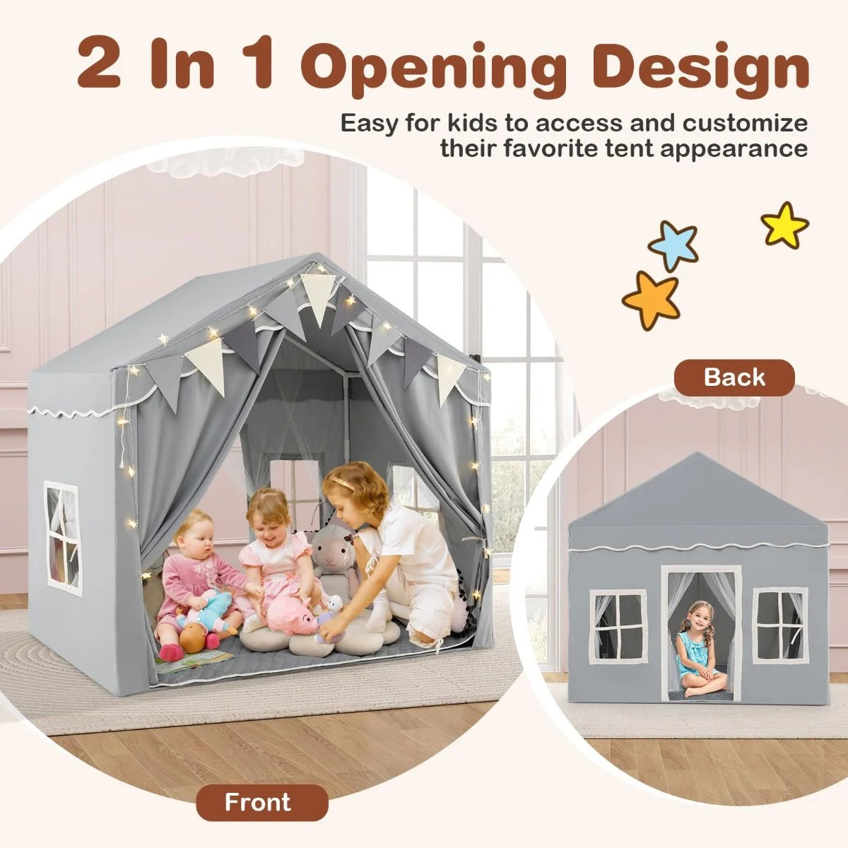 3-4 Kids Large Play Tent House with 2 Opening Doors Star Lights and Plaid Pennants