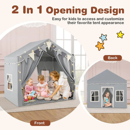 3-4 Kids Large Play Tent House with 2 Opening Doors Star Lights and Plaid Pennants