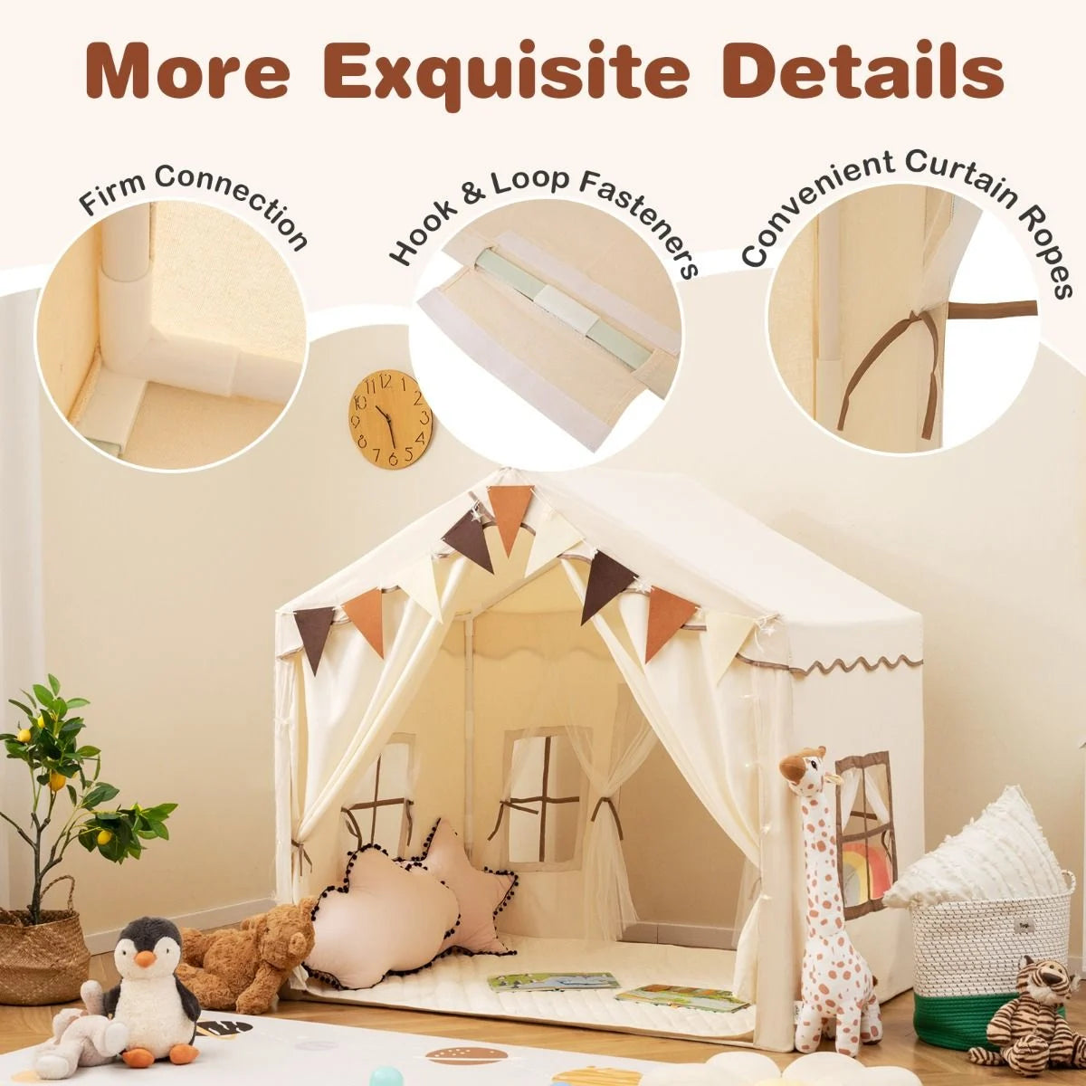 3-4 Kids Large Play Tent House with 2 Opening Doors Star Lights and Plaid Pennants