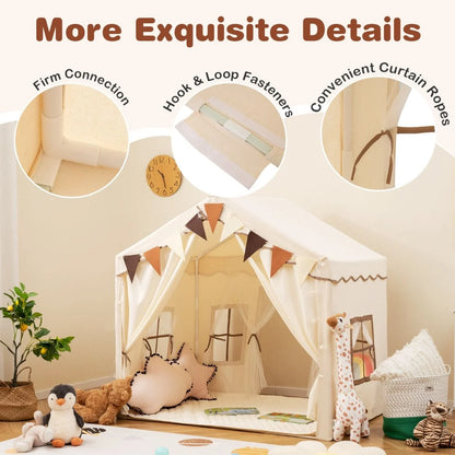 3-4 Kids Large Play Tent House with 2 Opening Doors Star Lights and Plaid Pennants