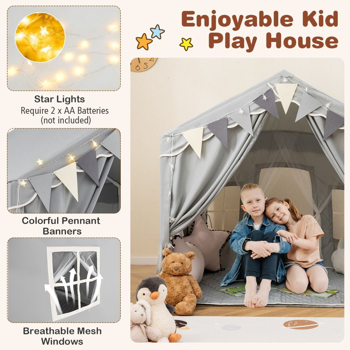 3-4 Kids Large Play Tent House with 2 Opening Doors Star Lights and Plaid Pennants