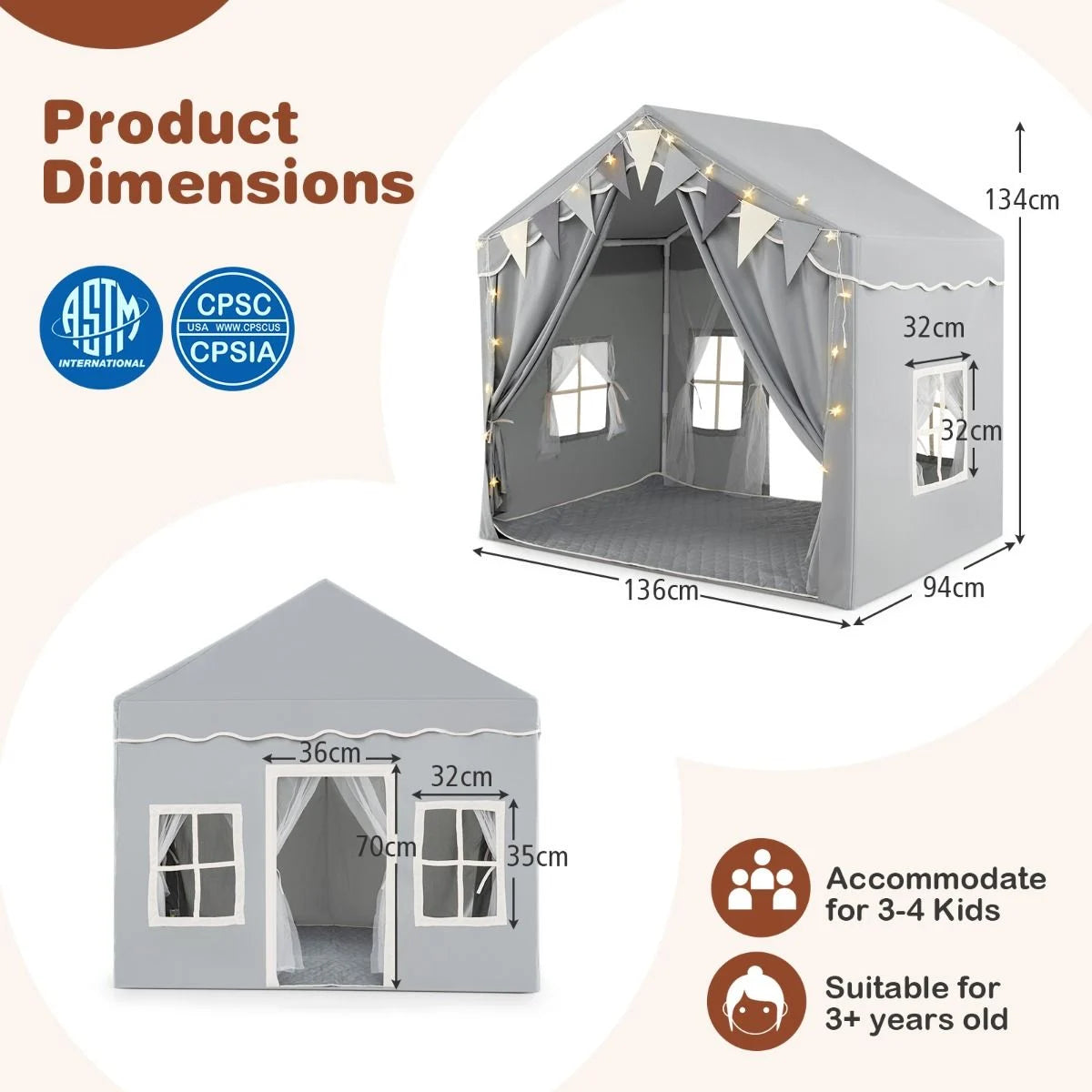 3-4 Kids Large Play Tent House with 2 Opening Doors Star Lights and Plaid Pennants
