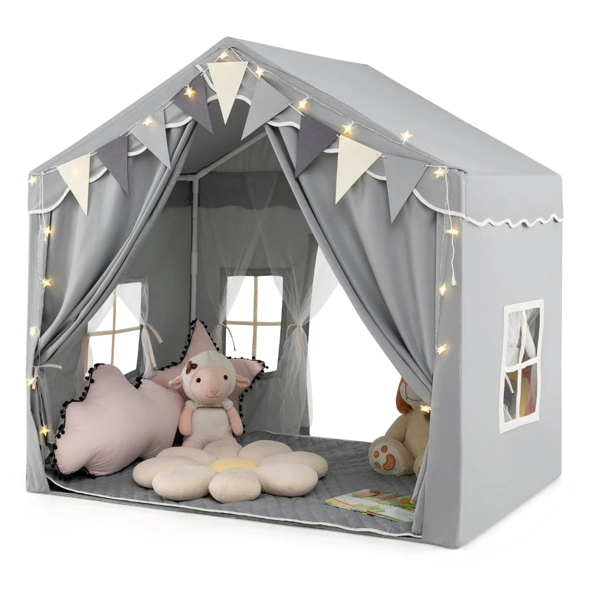 3-4 Kids Large Play Tent House with 2 Opening Doors Star Lights and Plaid Pennants
