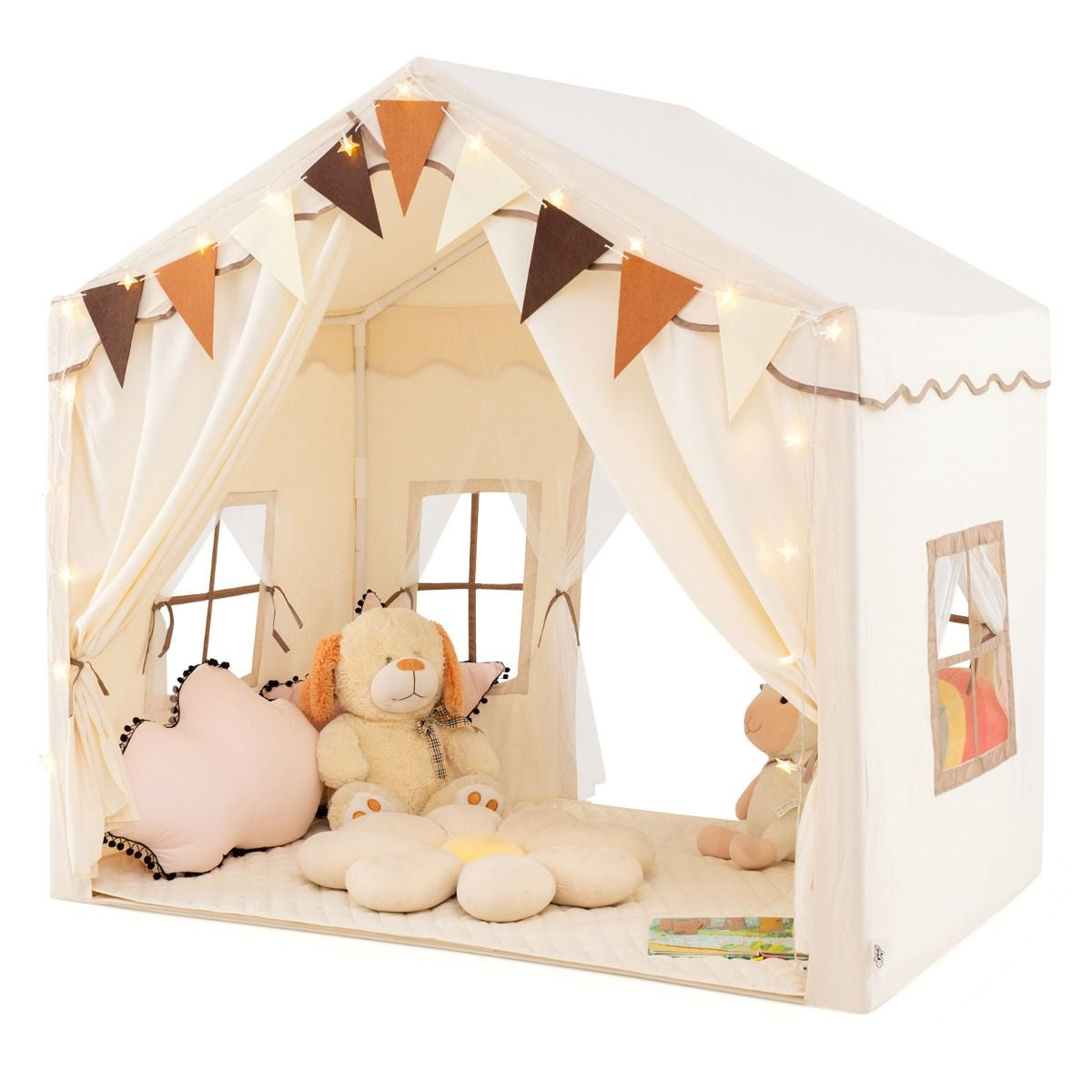 3-4 Kids Large Play Tent House with 2 Opening Doors Star Lights and Plaid Pennants
