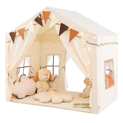 3-4 Kids Large Play Tent House with 2 Opening Doors Star Lights and Plaid Pennants