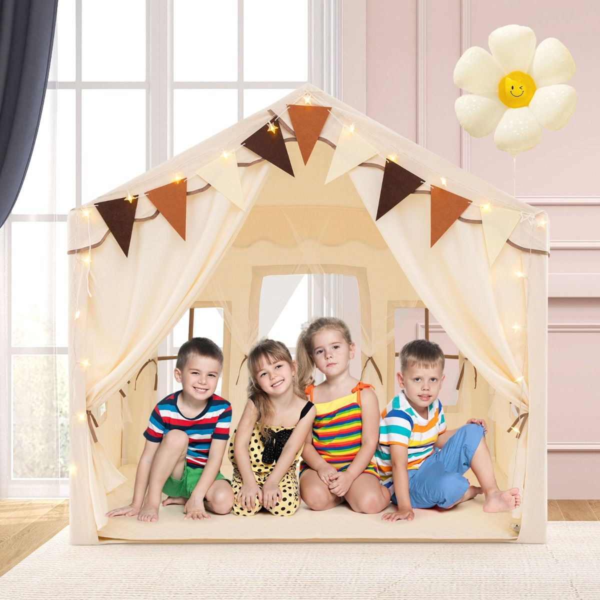 3-4 Kids Large Play Tent House with 2 Opening Doors Star Lights and Plaid Pennants