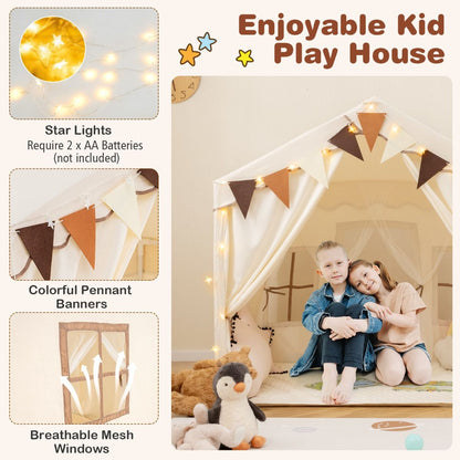 3-4 Kids Large Play Tent House with 2 Opening Doors Star Lights and Plaid Pennants