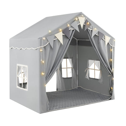 3-4 Kids Large Play Tent House with 2 Opening Doors Star Lights and Plaid Pennants