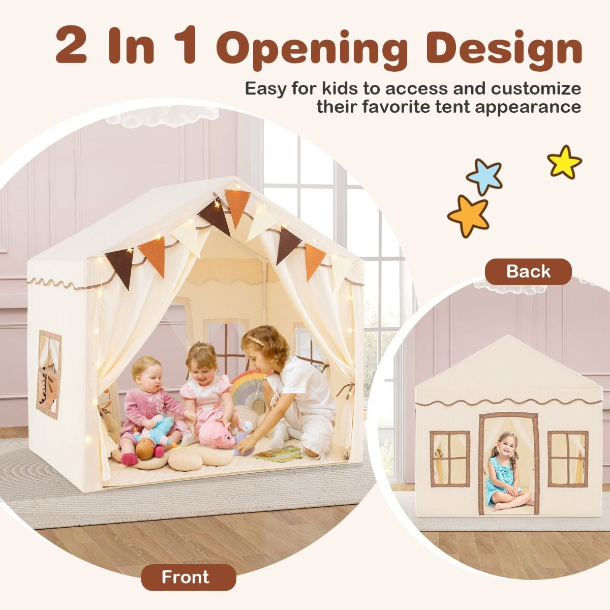 3-4 Kids Large Play Tent House with 2 Opening Doors Star Lights and Plaid Pennants