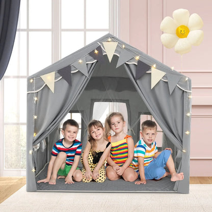 3-4 Kids Large Play Tent House with 2 Opening Doors Star Lights and Plaid Pennants