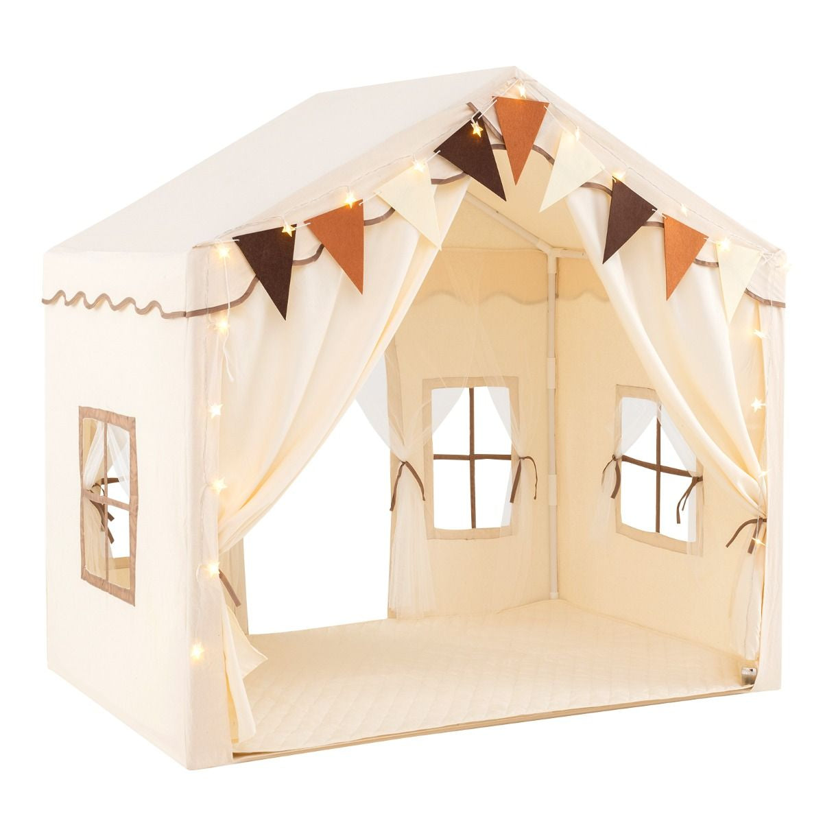 3-4 Kids Large Play Tent House with 2 Opening Doors Star Lights and Plaid Pennants