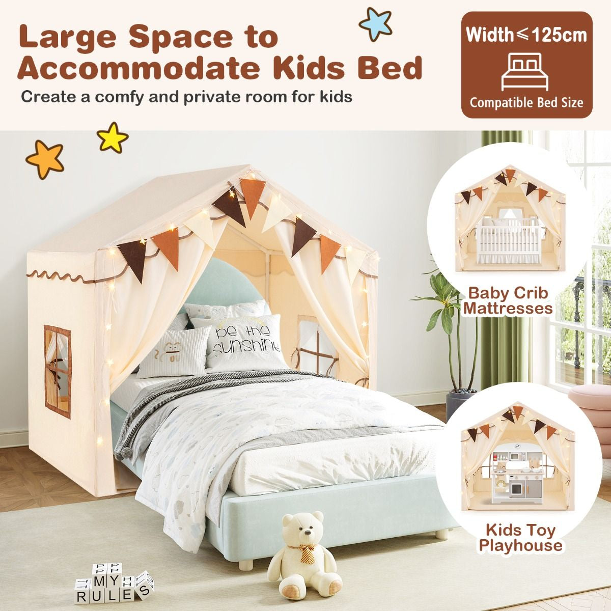 3-4 Kids Large Play Tent House with 2 Opening Doors Star Lights and Plaid Pennants