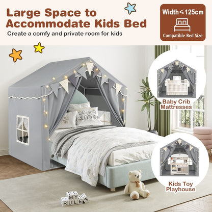 3-4 Kids Large Play Tent House with 2 Opening Doors Star Lights and Plaid Pennants
