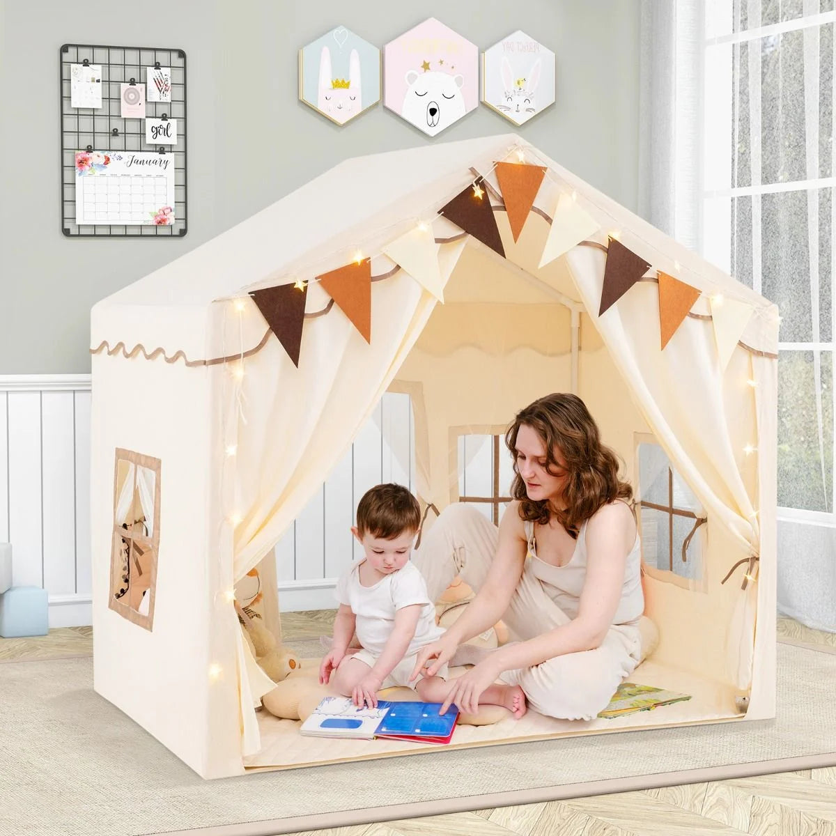 3-4 Kids Large Play Tent House with 2 Opening Doors Star Lights and Plaid Pennants