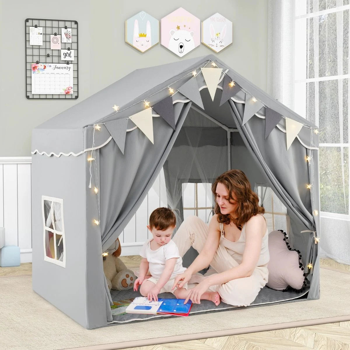 3-4 Kids Large Play Tent House with 2 Opening Doors Star Lights and Plaid Pennants
