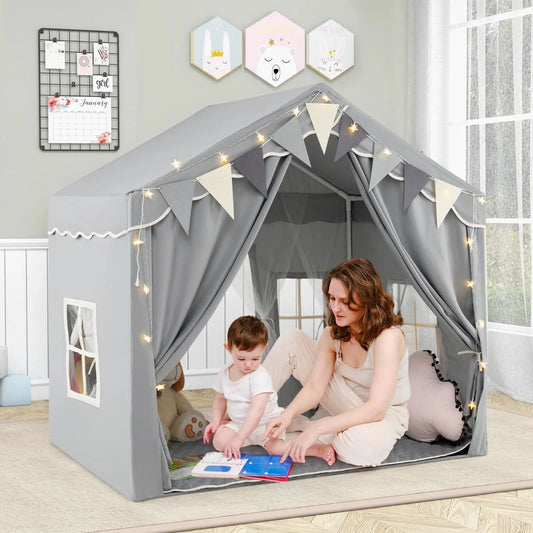 3-4 Kids Large Play Tent House with 2 Opening Doors Star Lights and Plaid Pennants